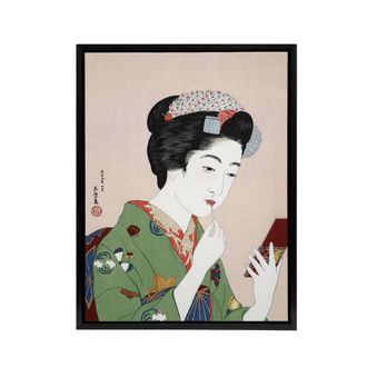 Artery8 Woman Applying Rouge Lipstick Framed Canvas Wall Art Print Hashiguchi in Green | Size: W24 x H32