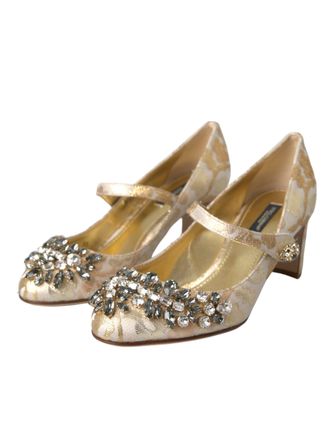 Dolce & Gabbana Womens Gold Jacquard Crystal Mary Janes Pumps Shoes 35+lu+pc