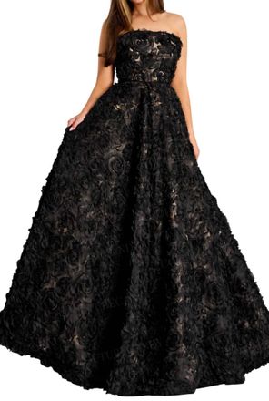 Jovani Strapless Embroidered Tulle Gown In Black