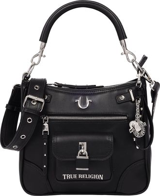 True Religion Moto Zip Top Hobo Bag with Lock Pocket Charm - Convertible Shoulder & Crossbody Purse