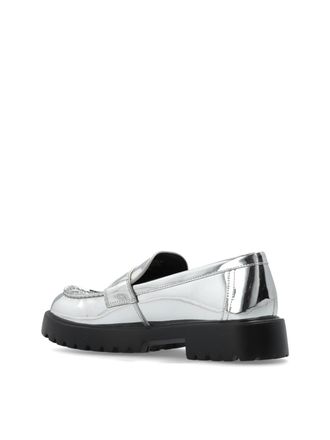 Tory Burch Womens Mirrored Metallic Classic Logo Lug Loafers Silver Shoes > Flats