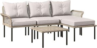 OUTSUNNY Conjunto De Jard&iacute;n Exterior De Rat&aacute;n Sint&eacute;tico De 5 Piezas Incluye 2 Sof&aacute;s Esquineras 1 Sof&aacute; De Exterior 1 Taburete 1 Mesa De Centro Crema - Outsunny