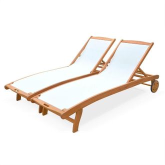Sweeek Pair of wooden and textilene sun loungers, Marbella, White, 196x68x91 cm