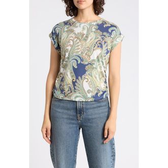 T Tahari Cuffed Short Sleeve Ruched T-Shirt in Blue Paisley at Nordstrom Rack, Size X-Large