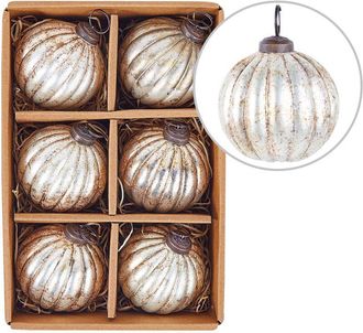 Beliani Conjunto De 6 Adornos Navide&ntilde;os De Cristal Hechos A Mano Bolas Colgantes Para El &Aacute;rbol De Navidad Efecto Envejecido Plateado Ivoire