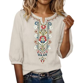 Generic Linen Tops for Women Uk Boho Tops for Women UK Cotton Linen Half Sleeve Embroidery Blouse Elegant Casual Summer Breathable T Shirts Lightweight Fashio