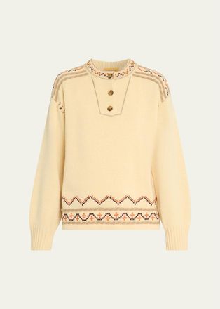 Guest In Residence Fisherman Embroidered Cashmere-Wool Henley Sweater