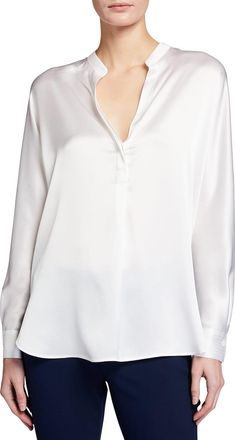 Vince Silk Band-Collar Blouse