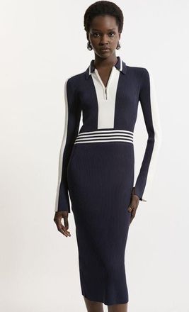 Karen Millen Rib Knit Polo Zip Up Midi Dress in Navy at Nordstrom, Size X-Small
