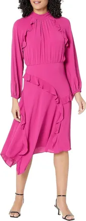 Donna Morgan Long Sleeve Mock Neck Ruffle Dress In Fuschia