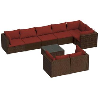vidaXL Set Muebles De Jard&iacute;n 9 Piezas Y Cojines Rat&aacute;n Sint&eacute;tico Marr&oacute;n Vidaxl