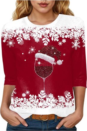 Generic Christmas Jumpers for Women Funny Christmas Tops 3/4 Sleeve Tree Print Tunic Tops 3/4 Sleeve Lightweight Crew Neck Pullover Casual Jumper for Women Ca