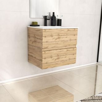 Aurlane Mueble De Ba&ntilde;o 60cm 2 Cajonesroble Natural + Lavabo De Cer&aacute;mica Blanco - Timber 60