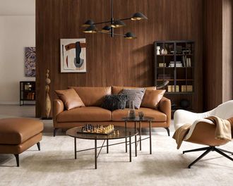 Castlery Lena Leather Sofa, Cocoa American Top Grain Leather, Matte Black Legs