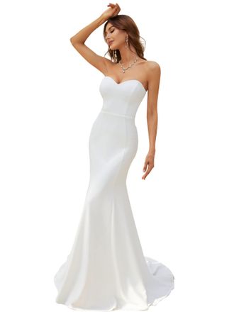 Ever-pretty Womens Strapless Empire Waist Bodycon Mermaid Floor Length Elegant Wedding Dresses for Bride White with Cathedral Train 10UK