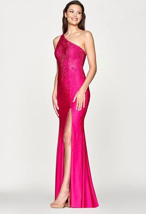 Faviana Long Hotstone One Shoulder Maxi Dress In Hot Pink