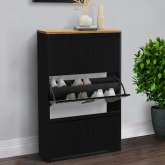 IDMarket Idmarket - Ester Zapatero De 3 Puertas Y 18 Pares De Metal Negro Con Tapa De Madera De Dise&ntilde;o Industrial