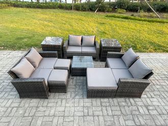 Fimous Outdoor Lounge Sofa Set Wicker PE Rattan Garden Furniture Set with Square Coffee Table Double Seat Sofa 3 Footstools in Dark Grey