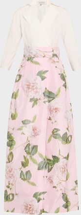 Teri Jon Floral-Print Faille Taffeta Shirt Gown