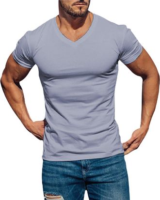 Generic Mens Muscle Slim T Shirt V-Neck Longline Casual Soft Cotton Tee Gym Workout Bodybuilding Athletic Tee Shirts 2025 Fashion Hipster Streetwear Grey