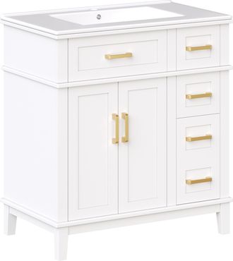STILVORA Mueble Bajo Lavabo Con 2 Puertas Y 3 Cajones, Lavabo De Cer&aacute;mica Y Cierre Suave, Ba&ntilde;o, Mdf, 76&times;46.5&times;86 Cm, Blanco