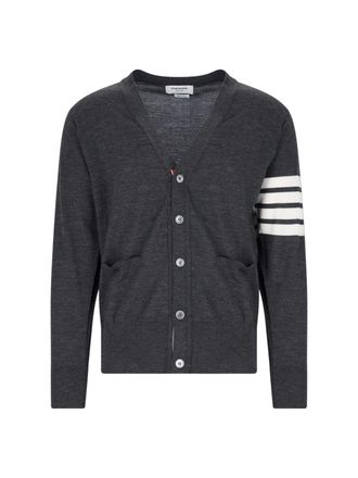 Thom Browne Iconic V-Neck Cardigan In Grey Wool With Signature Stripes