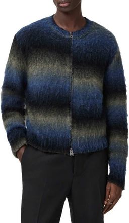 AllSaints Halley Ombré Stripe Crewneck Wool Blend Zip Cardigan in Blue/Grey/Black at Nordstrom, Size Xx-Large