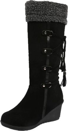 Generic Black Ladies Elevated Footwear with Slope Heel and Tassel for Height Increase Comfortable Wear in Cold Weather