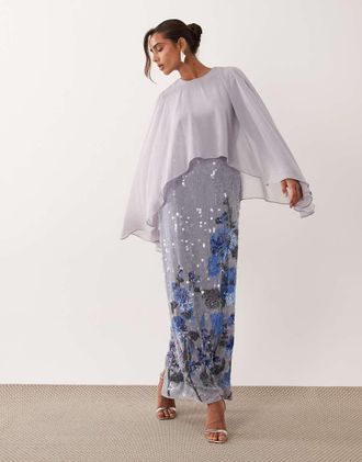 Asos Vestito lungo a mantella con gonna decorata blu