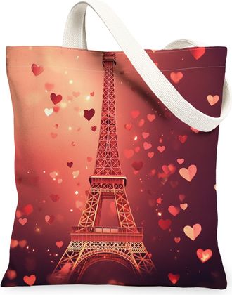 Generic Paris Tower Canvas Tote Bags, Heart Pattern Reusable Grocery Bags, Valentines Day Lightweight Washable Shoulder Strap Canvas for Travel 13x15 Inch