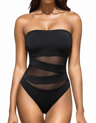 Holipick Women Strapless Bandeau One Piece Swimsuits Sexy Mesh Cutout Bathing Suits Tummy Control Swimwear, Black 1, Medium