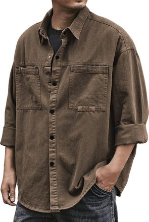 Generic Mens Cargo Denim Jacket Long Sleeve Button Down Jean Coat with Pockets Active Short (Brown, XXXL)