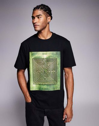 HUGO BOSS HUGO Red - Dabryntee - T-shirt comoda nera con stampa di labirinto-Nero