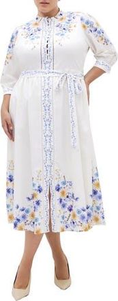 City Chic Annabelle Belted Midi Shirtdress in Blue Patrice Border at Nordstrom Rack, Size Xxl/24W