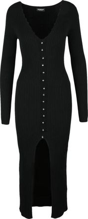Dondup Lange geribbelde jurk met knoopdetails - Dames - Kleedjes - Zwart - L - Polyester - Kleedjes
