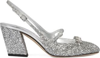 Jimmy Choo London 45 mm Belinda slingback pumps met blokhak en glitters - Zilver