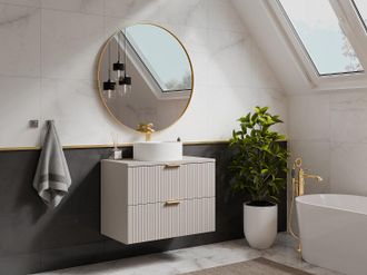 Vente-Unique Mobile per bagno sospeso con scanalature e lavabo da appoggio tondo 80 cm Beige - ZEVARA