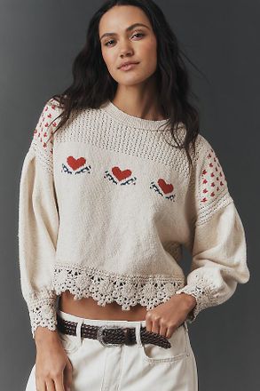 Pilcro Embroidered Lace-Trim Sweater