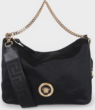 Versace Womens Hobo Fabric Calf Enamel Bag Black - Size: O/S