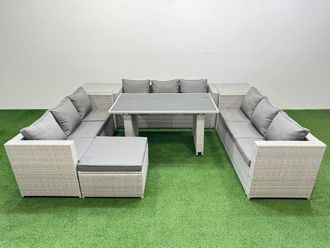 Fimous Patio Outdoor Garden Furniture Sets with 2 Side Tables Big Stool in Light Grey