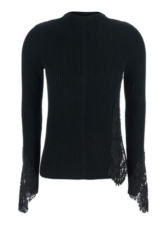 Pinko Black Sweater With Lace Details And Logo Patch On The Back In Cotton Blend Woman