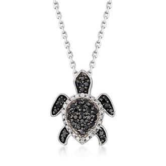 Ross-Simons Black and White Diamond Turtle Pendant Necklace in Sterling Silver