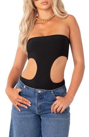 Edikted Vivie Cutout Rib Strapless Bodysuit in Black at Nordstrom, Size X-Small