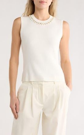 Adrianna Papell Faux Pearl & Rhinestone Collar Sleeveless Sweater in Ivory at Nordstrom Rack, Size X-Small