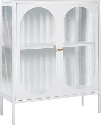 Beliani Aparador De Metal Blanco Dorado 90 X 35 Cm 2 Puertas Cristal Frontal Lateral Sarre