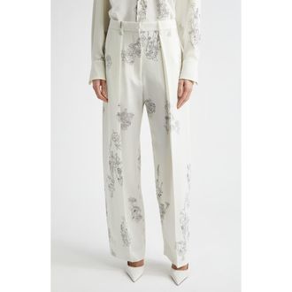Victoria Beckham Floral Print Pleated Wide Leg Trousers in Off White/black at Nordstrom, Size 6 Us