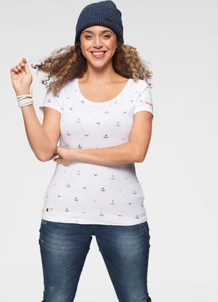 Kangaroos T-Shirt KANGAROOS, Damen, Gr. 44/46, weiss (wei&szlig;), Rippware, Obermaterial: 100% Baumwolle, bedruckt, sehr figurbetont h&uuml;ftbedeckend, Rundhals, eingese