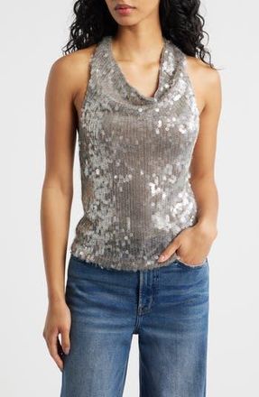 Mango Sleeveless Sequin Halter Top in Silver at Nordstrom Rack, Size X-Small