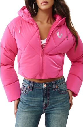 True Religion High Shine Hooded Crop Puffer Jacket in Fuchsia Purple at Nordstrom, Size Xx-Large