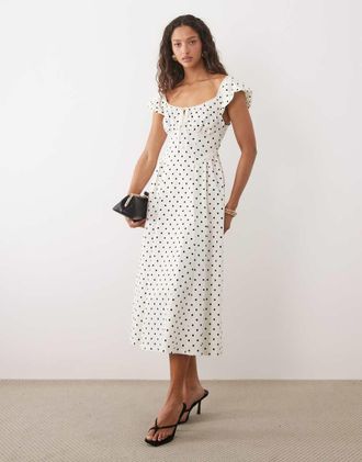 New Look Vestito corto milkmaid color panna a pois-Bianco